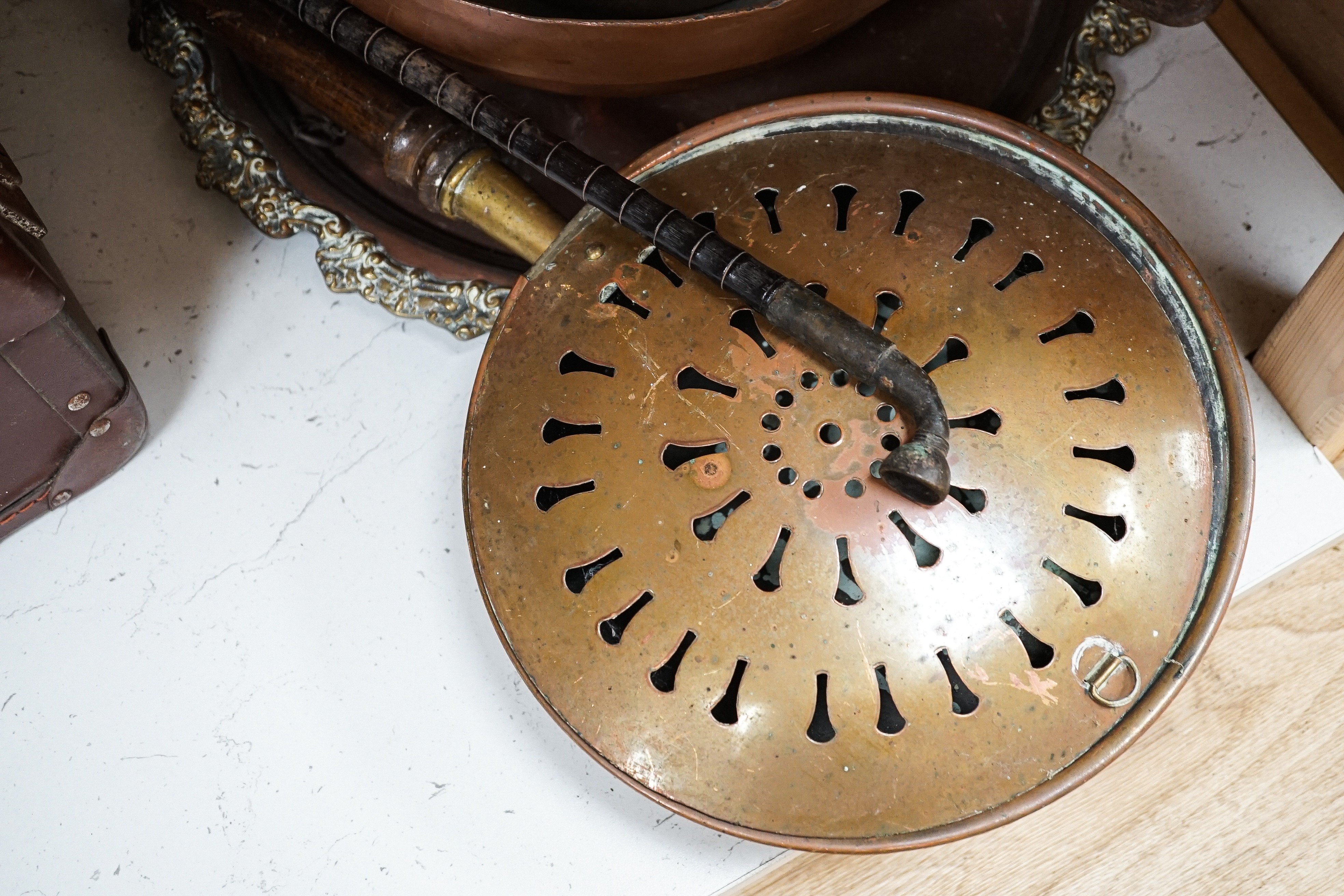 A quantity of copper wares, including a copper railway light.